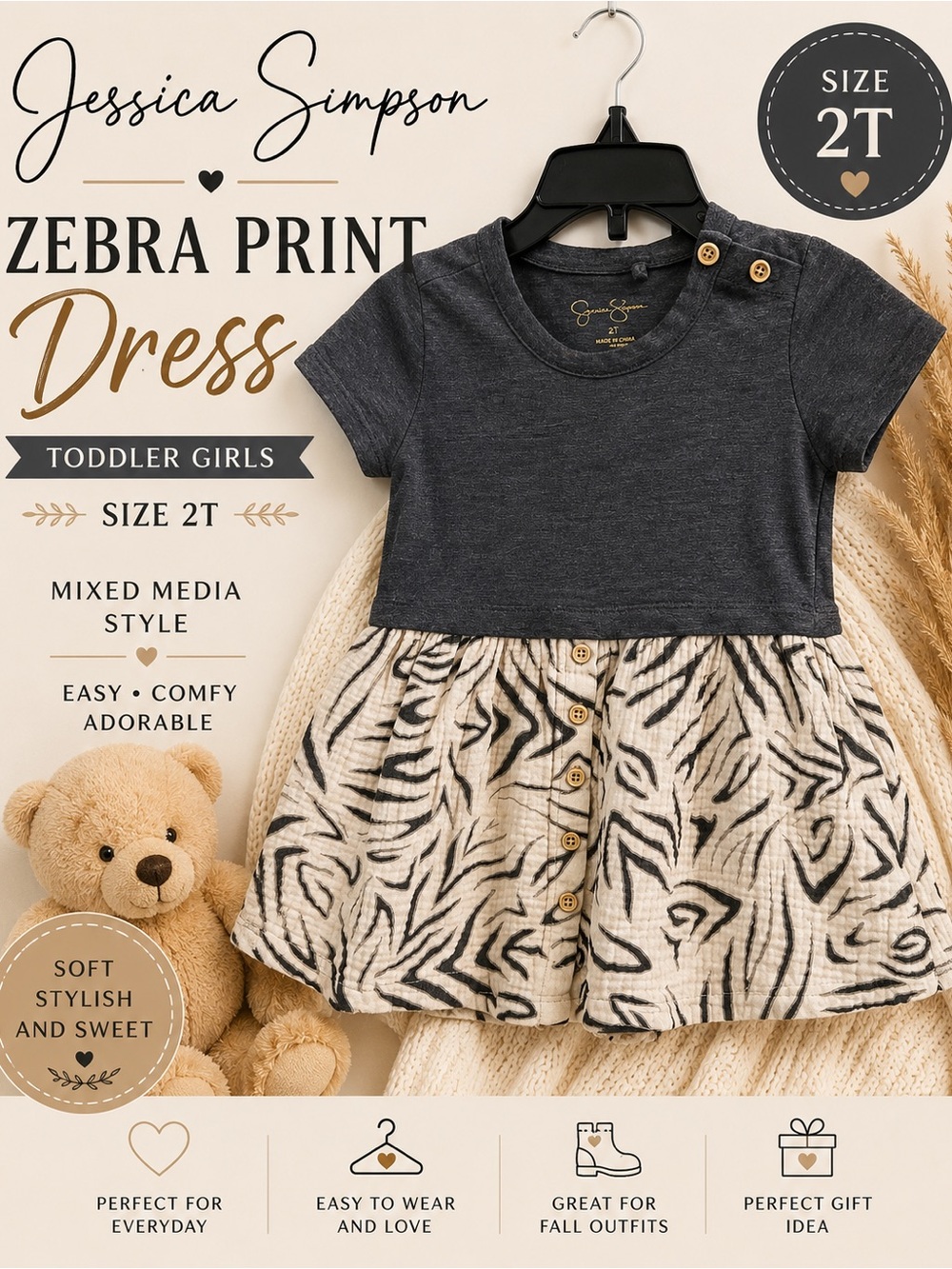 Jessica Simpson Toddler Girls Zebra Print Mixed Media Dress 2T